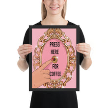 Load image into Gallery viewer, &quot;Press here for coffee&quot; Framed poster by Maraillustrations
