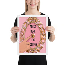 Load image into Gallery viewer, &quot;Press here for coffee&quot; Framed poster by Maraillustrations
