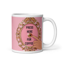 Load image into Gallery viewer, &quot;Press here for coffee&quot; White glossy mug by Maraillustrations
